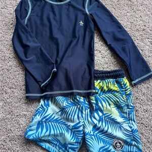 Original Penguin Boys Navy Rash Guard with Blue & Aqua Palm Swim Trunks